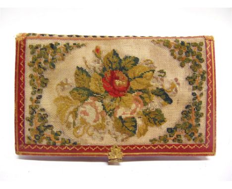 SEWING ACCESSORIES - A WILLIAM IV EMBROIDERED WOOLWORK &amp; CRIMSON GILT LEATHER NEEDLE CASE  part lined in green moire silk