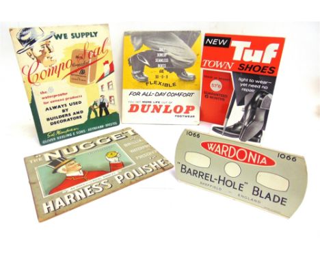 FIVE ASSORTED SHOWCARDS  comprising those for Nugget Harness Polish, 24cm x 30.5cm (loss to right side); Compo Seal cement wa