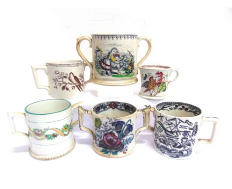 SIX VICTORIAN CIDER MUGS  comprising a twin-handled mug, with transfer-printed decoration of a girl, her doll and a goat, mar