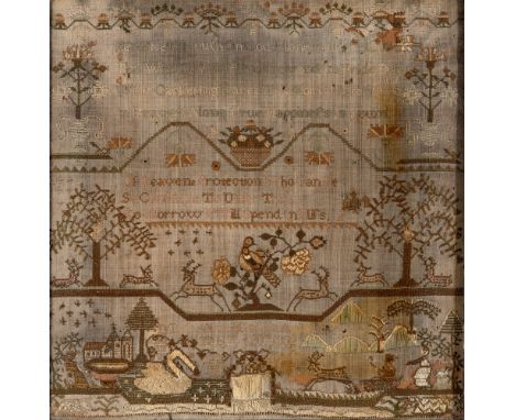 A GEORGE III SAMPLER  incorporating a verse 'Be Wise O Youth, On God Alone Rely...', floral and arborial motifs, deer, a bird