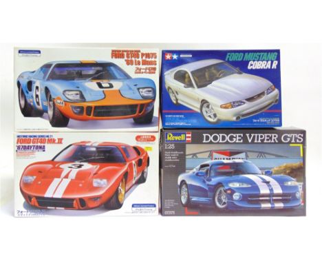 FOUR 1/24 &amp; 1/25 SCALE UNMADE MODEL SPORTS CAR KITS  comprising a Tamiya No.24156, Ford Mustang Cobra R; Fujimi No.12147,