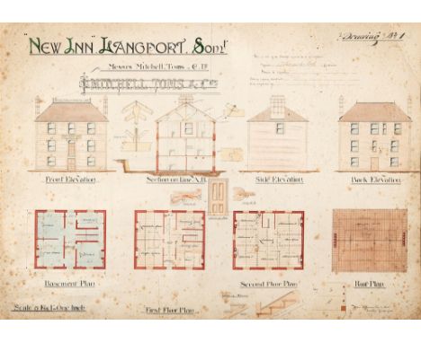 AN ARCHITECTURAL DRAWING OF MITCHELL, TOMS &amp; CO'S NEW INN, LANGPORT, SOMERSET  by Arthur Yeomans, Architect, Chard, black