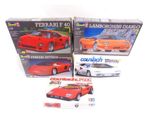 FIVE 1/24 SCALE UNMADE MODEL SUPERCAR KITS  comprising a Tamiya No.24006, Lamborghini Countach LP500S; Fujimi No.12476, Lambo