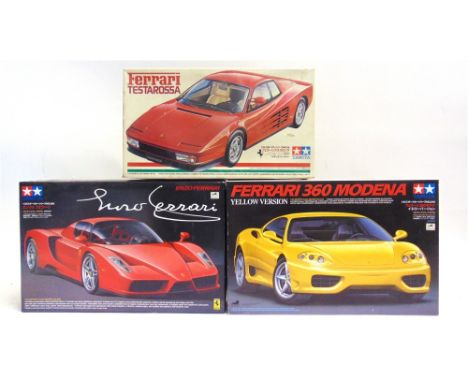 THREE 1/24 SCALE UNMADE MODEL SUPERCAR KITS  comprising a Tamiya No.24059, Ferrari Testarossa; Tamiya No.24260, Enzo Ferrari;