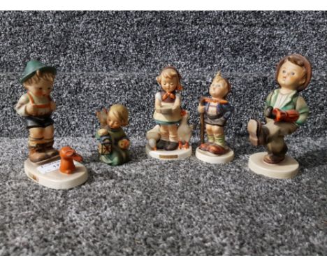 Five Hummel children figurines "Be Patient", "Sensitive Hunter" etc (one damaged and repaired).