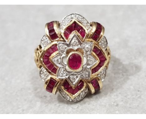 Gold art deco style ruby and diamond ring, 7.3g gross, size O