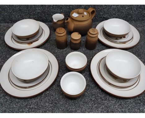 19 pieces of brown &amp; white Denby dinnerware, including teapot, salt &amp; pepper mill, bowls, plates etc