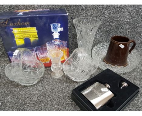 boxed 7 piece crystal whisky set, whitbread advertising tankard, various pieces of crystal and boxed hip flask