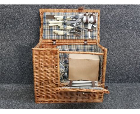 Vintage wicker picnic hamper including contents