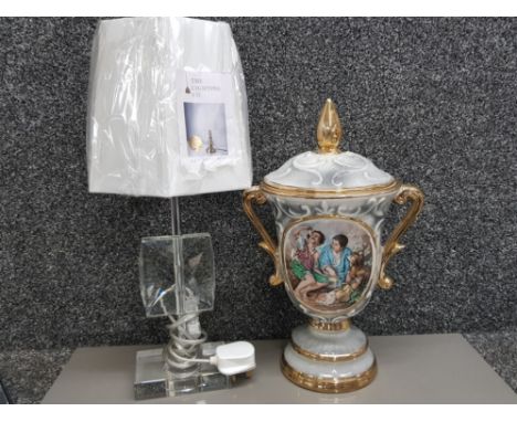 Ceramic Le Torri italian twin handled lidded urn together with crystal effect table lamp &amp; shade