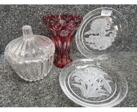 Pair of vintage Hoya japan art glass plates with floral designs together with ruby coloured vase and shell shaped lidded dish