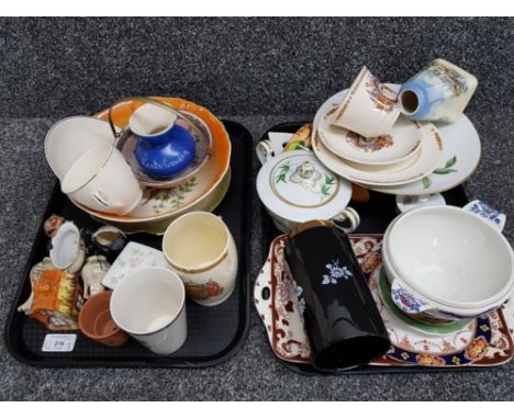 Two trays of miscellaneous pottery including Noritake, Masons commemorative cups and saucers etc