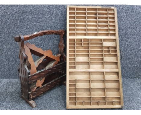 A printers tray together with a rustic carved magazine rack with matching A shaped wall shelf