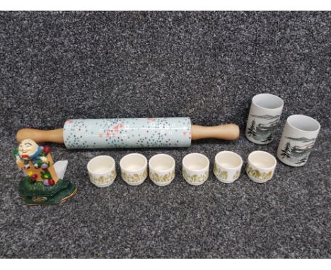 A painted cast iron humpty dumpty door stop, ceramic rolling pin, hornsea egg cups and two Chinese brush pots.