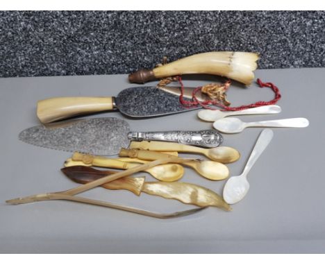 3 mother of pearl caviar spoons &amp; 3 Scottish cattle horn spoons carved with thistles also includes 2 horn letter openers,