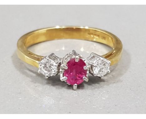 Ladies 18ct yellow gold ruby &amp; diamond 3 stone ring, comprising of a ruby set in the centre with a round brilliant cut di