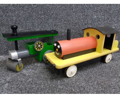 2 large vintage wooden toys, train engine and mamod steam tractor