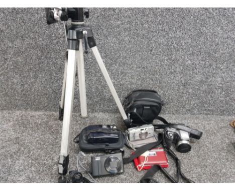 Selection of digital cameras, Lumix, pentax, Fujifilm etc plus a tripod stand