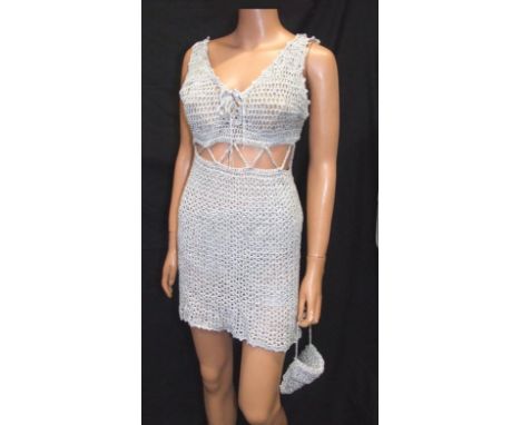 Vintage 1960s White Crocheted Mini Dress &amp; Silver Crocheted Mini Dress with matching panties &amp; bag 