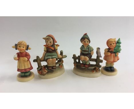 Hummel Figurines: Boy on gate No. 112 1936, Girl on gate, 'First Bloom' &amp; Girl Holding Christmas Tree (4) 