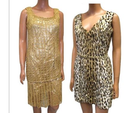 Vintage Gold Crocheted Dress &amp; Faux Fur Mini Dress with chain belt (2) 