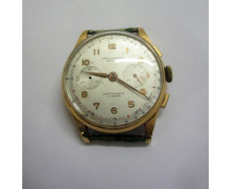 18ct Gold Oversized Suisse Chronographe 17 ruby automatic with silvered dial, gold hands, sweep second hand, 2 secondary dial