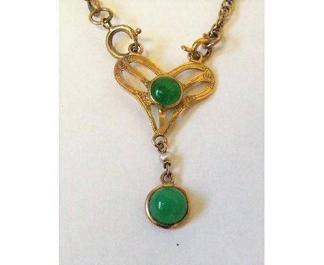 Jade &amp; Seed Pearl 9ct. Gold Necklace central cabochon jade with seed pearl drops 