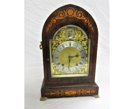 Late C19th Rosewood Marquetry Inlaid Lancet Shaped 2-Train Bracket Clock with silver chapter ring, Roman numerals, granulated