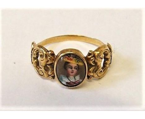 Victorian Yellow Metal Picture Ring with miniature portrait of a young girl, decorative shoulders, size H 