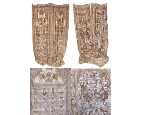 2 Pairs Antique Victorian Curtains hand painted with scenes from 'Shahnameh' the epic of the Persian kings by Ferdowsi with A
