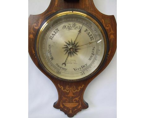 Late C19th Rosewood &amp; Marquetry Inlaid Aneroid Wheel Barometer with silvered dial marked RJ Robson, 11A Blomfield Street,