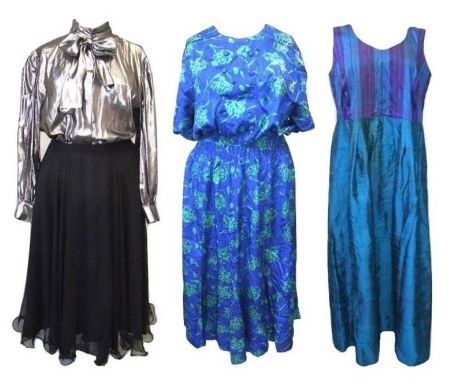 Ladies Vintage Clothing: Estefan black chiffon skirt size 12, Feminella silver blouse size 38, Kanga Collection blue/green dr