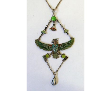 800 Standard White Metal &amp; Enamel Aquamarine Set Art Deco Necklace, the light chain with suspension of bird with spread w