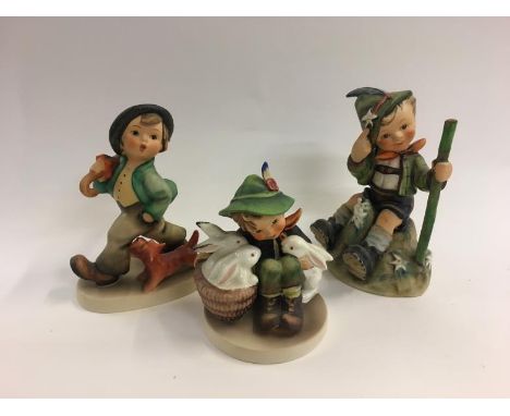 Hummel Figurines: Boy with umbrella &amp; puppy No. 72, Playmates No. 58/O &amp; Mountaineer 1955 (3) 