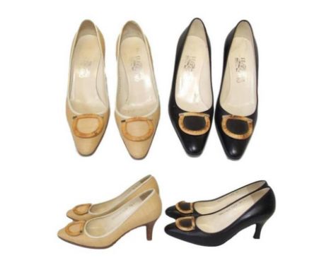2 Pairs Vintage Salvatore Ferragamo Court Shoes, black size 8 1/2 &amp; straw size 7 1/2 (2) 