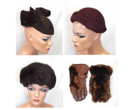 Ladies Vintage Hats: brown felt with rabbit fur trim, Jacoll maroon felt &amp; faux fur Cossack style hat &amp; Pair Leather 