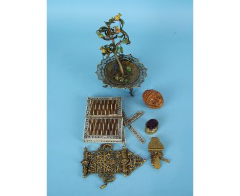 A filigree gilt metal and enamel tree ornament, 18cm high, (a/f), a gilt metal chatelaine clip and other items.
