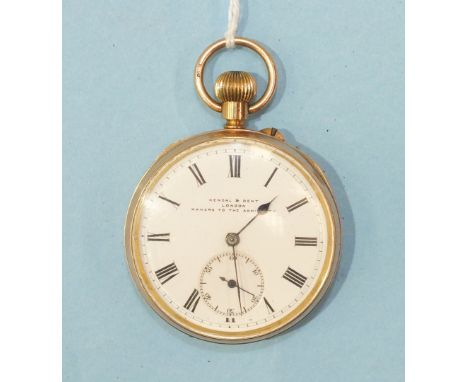 Kendal & Dent, an engine-turned 9ct-gold-cased open face key-wind pocket watch, the white enamelled dial with Roman numerals 