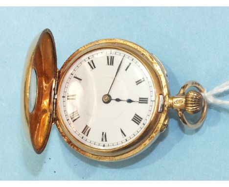 A ladies 12ct-gold-cased miniature half hunter keyless pocket watch, the white enamel dial and outer chapter ring with Roman 