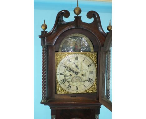 John Eveleigh, Ridgway, an early-19th century mahogany long case clock, the swan neck pediment above spiral fluted columns an