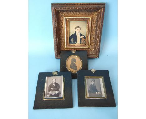 A 19th century portrait miniature watercolour, John Storey Bengoine, wearing a blue tunic and white stock, 10 x 8cm, titled o