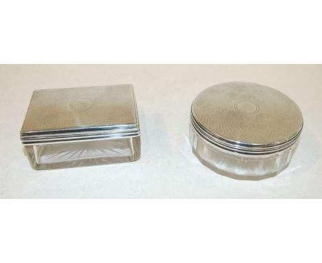 A Victorian circular cut glass trinket box with engine-turned lid, London 1853 and a matching rectangular box, (2).