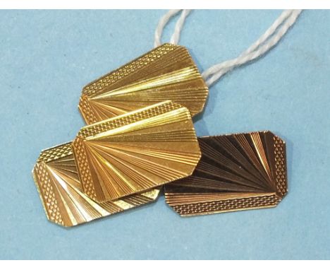 A pair of 9ct gold cufflinks with engine turned engraving, 3.4g, boxed.