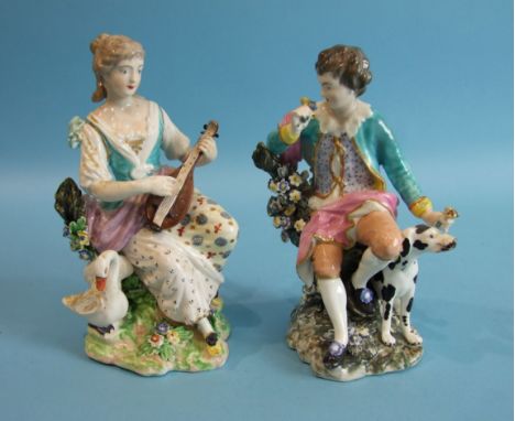 A pair of Derby porcelain figures, a girl playing a lute with a swan at her side and a young man with a dog at his side, 17cm