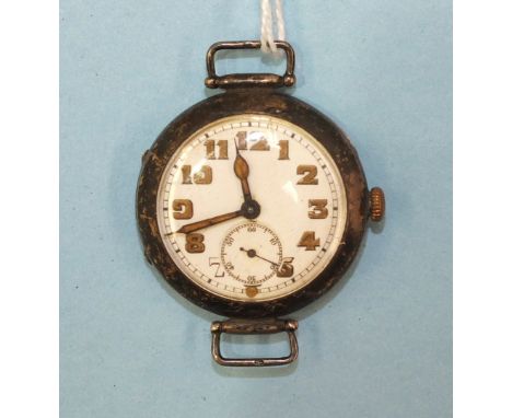 Moeris, a silver-cased trench-watch-style wrist watch with white enamel dial, Arabic numerals and seconds subsidiary, the mov