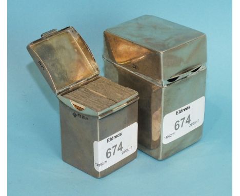 A playing card box of plain rectangular form, 7.5cm high, Birmingham 1909 and a smaller playing card case, 5cm high, Chester 