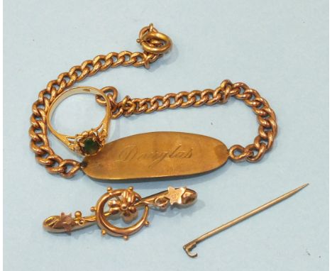 A 9ct rose and yellow gold identity bracelet, 12.3g, a small Victorian brooch (af) and an 18k gold ring set green stone, size