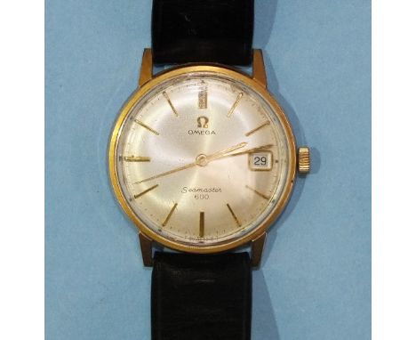 Omega, a gentleman's Seamaster 600 wrist watch with gold-plated case and brushed silver dial with baton numerals and calendar