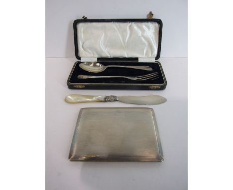An engine-turned silver cigarette case, Birmingham 1947, maker 'MM Co. Ltd', inscription to inside, 11.5 x 8.5cm, ___5oz, a c