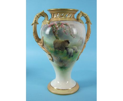 A Royal Worcester porcelain vase and inner cover painted with sheep in an orchard under blossoming trees by Harry Davis, sign